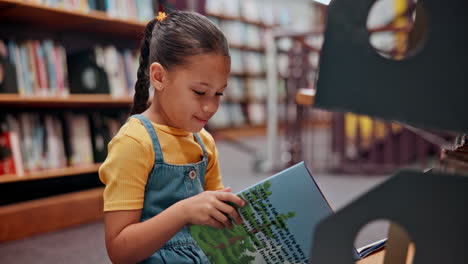 una chica leyendo en una biblioteca.