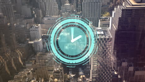 animation of clock moving fast over cityscape