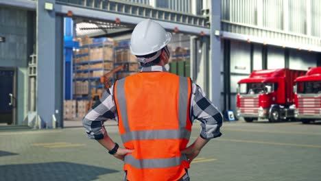 back view of a male engineer wearing safety helmet looking around while standing with arms akimbo , outside of logistics distributions warehouse