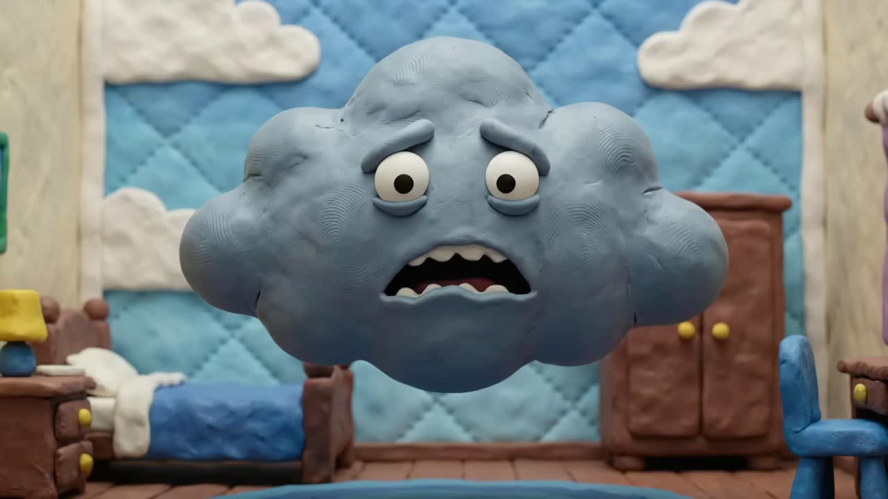 Triste nube de plastilina llorando y goteando agua en una habitación