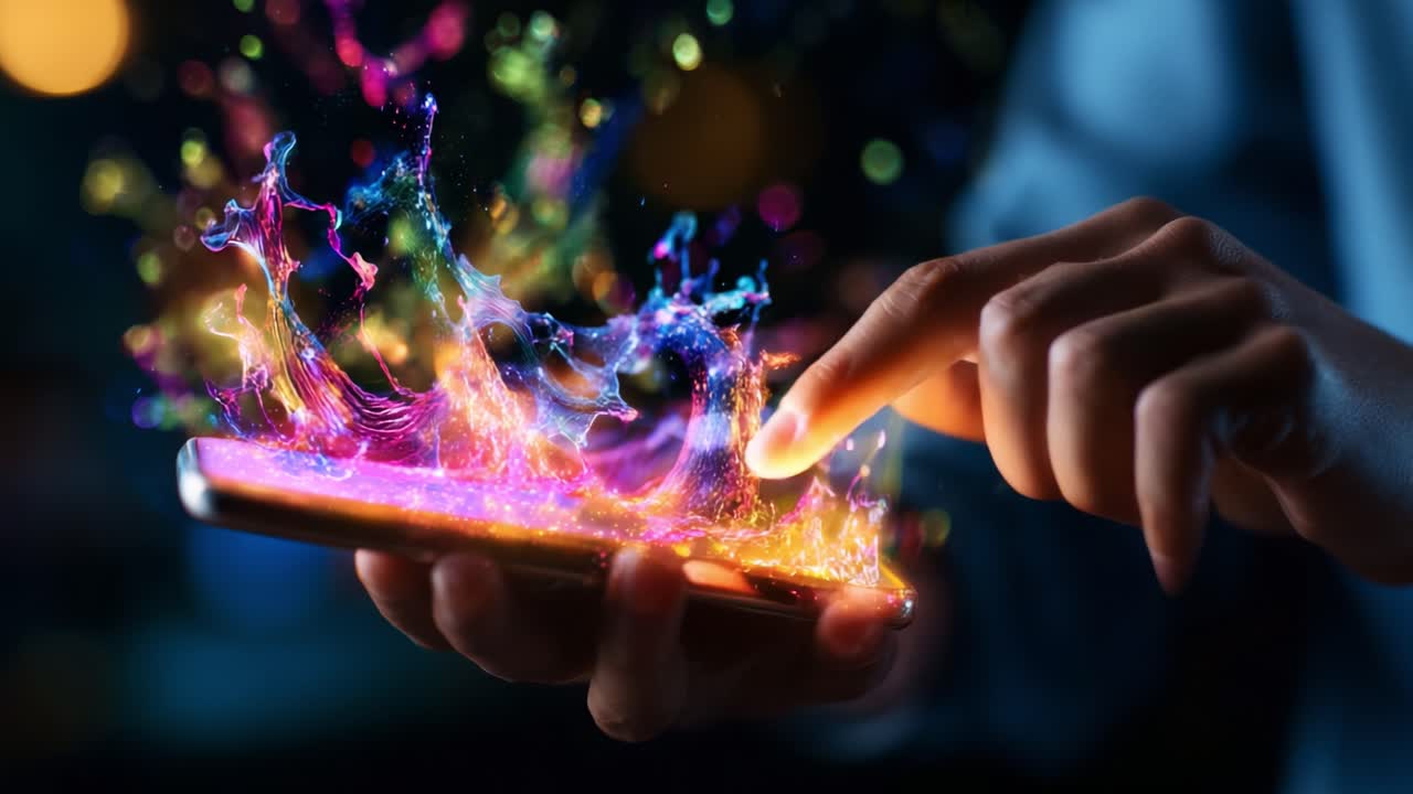 Captivating Digital Interaction: A Hand Engaging with a Smartphone Generating Vivid Colorful Splashes of Light and Abstract Visual Effects, Signifying Modern Technology and Communication