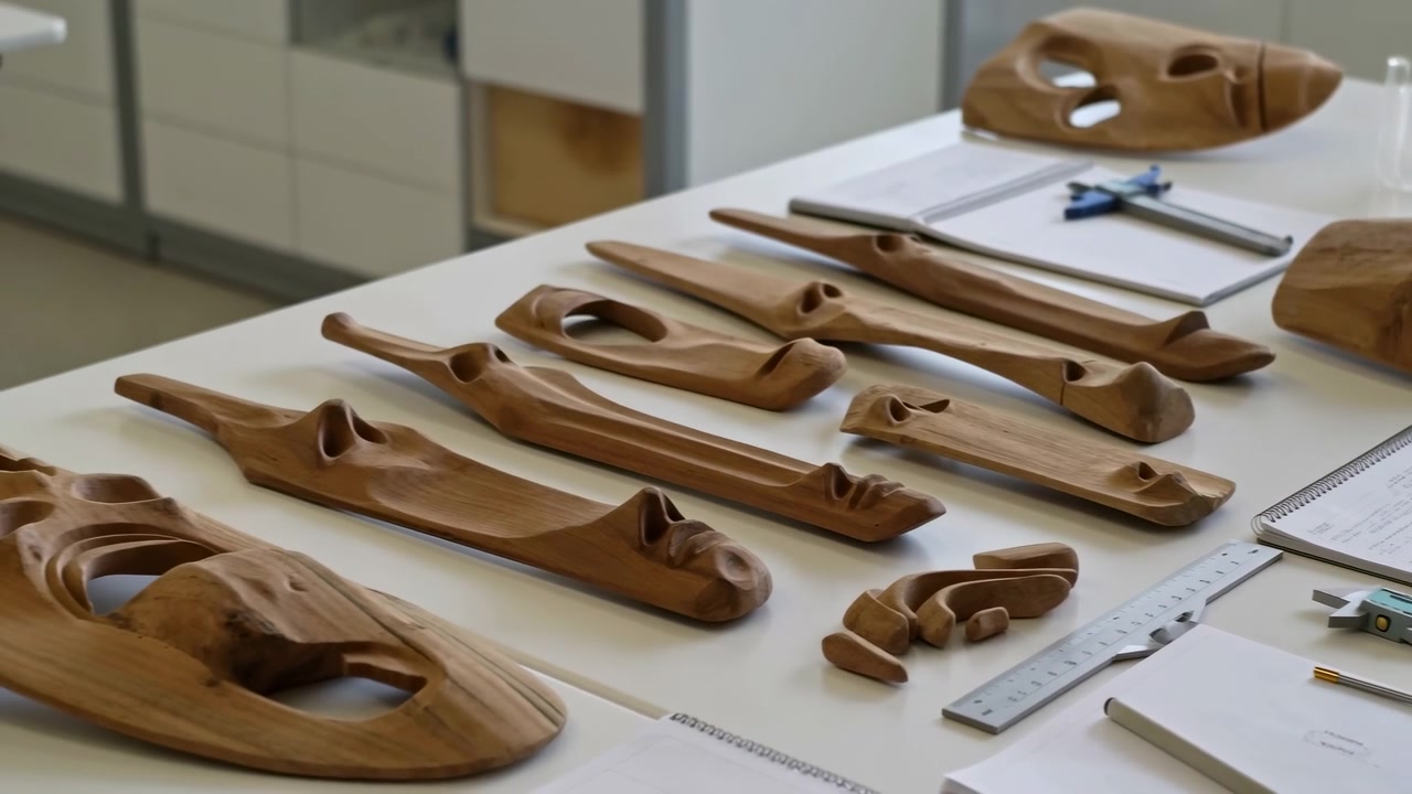 File parallele di maschere di legno intagliate marrone medio, sagome di profilo allungate e piccoli frammenti disposti su una superficie di lavoro bianca per misurazione, confronto e ispezione organizzata in studio