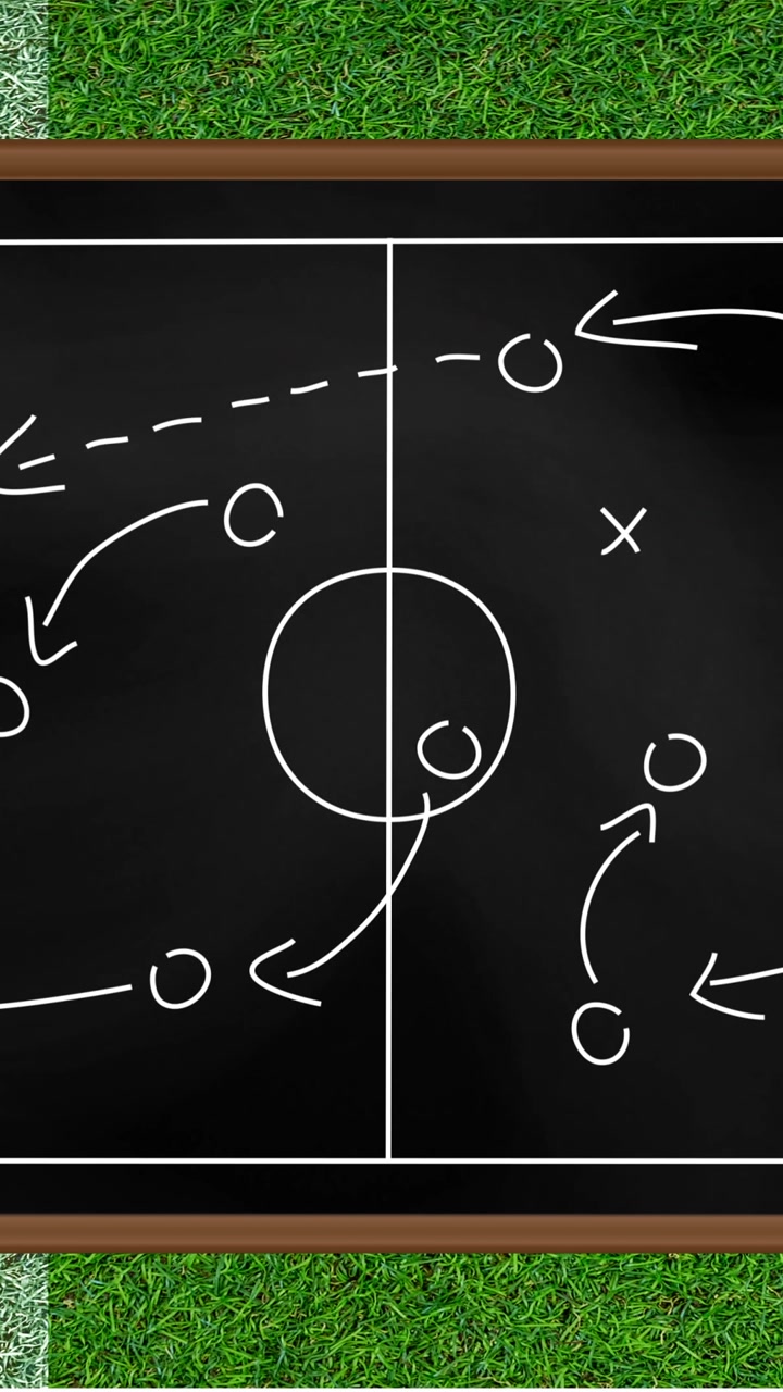 Animation of basketball game plan drawn on board over green sports field