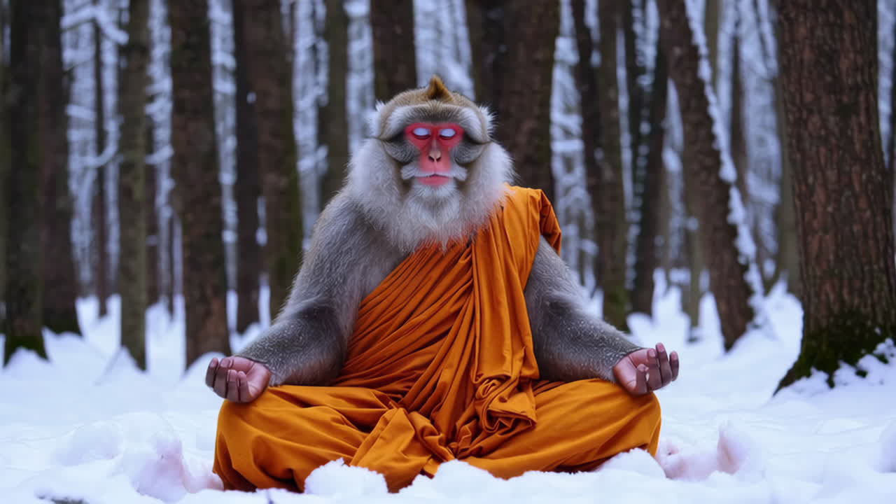 Snow Monkey Meditating in a Forest