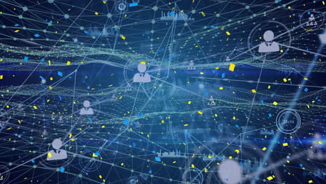 animation of network of connections with people icons over data processing