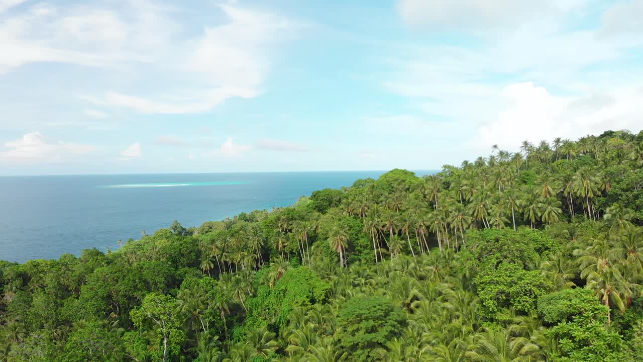 vista de pájaro de un océano pacífico tropical azul turquesa brillante y palmeras bajo un cielo azul claro y nubes blancas con una pequeña isla exótica de arena blanca en el horizonte drone aéreo 4k