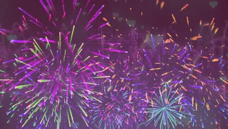 animación de corazones y fuegos artificiales sobre fondo púrpura