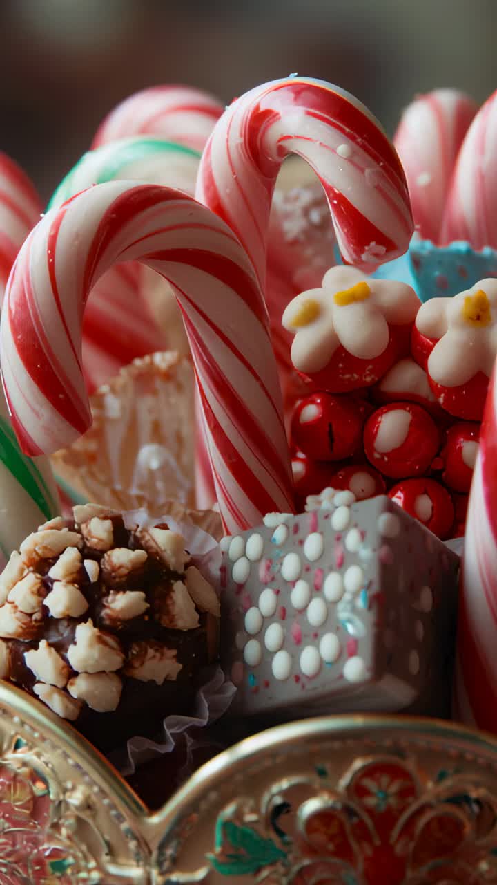 Vertical video: Focusing camera on candies on tabletop after shot, highlighting ornate bowl