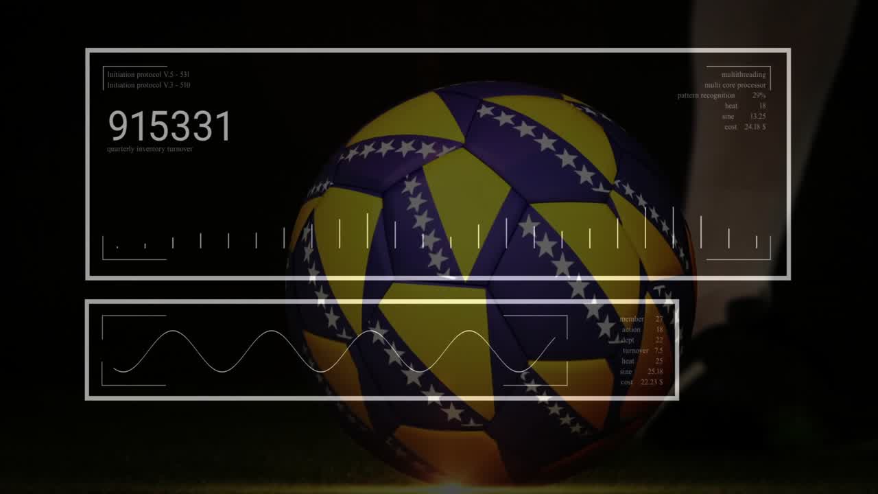 Sobreposições surgem registrando dados do sensor enquanto um pé roça e chuta uma bola giratória amarelo-roxa.