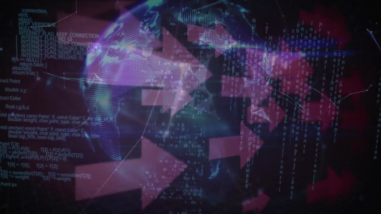 animación de flechas, procesamiento de datos y globo giratorio en espacio rosa y negro