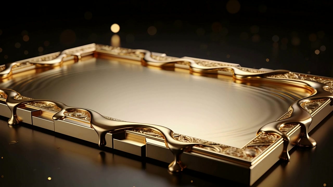 Ein verziertes Goldtablett erzeugt Wellen und lässt vergoldete Flüssigkeit über den Rand auf einen dunklen Tisch fließen, umgeben von warmen Lichtern.