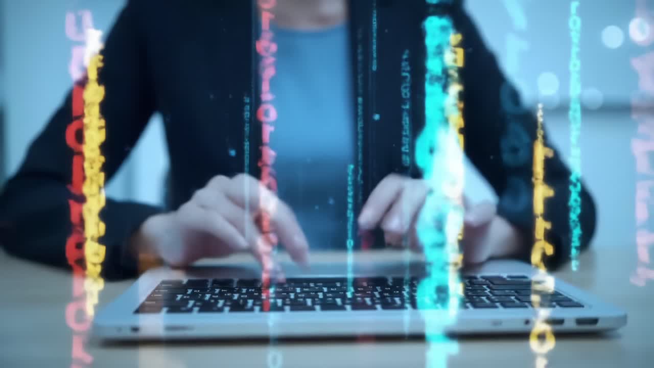 Dynamic Interaction with Technology: A Focused Professional Engaging with Data on a Laptop Amidst Flowing Digital Information