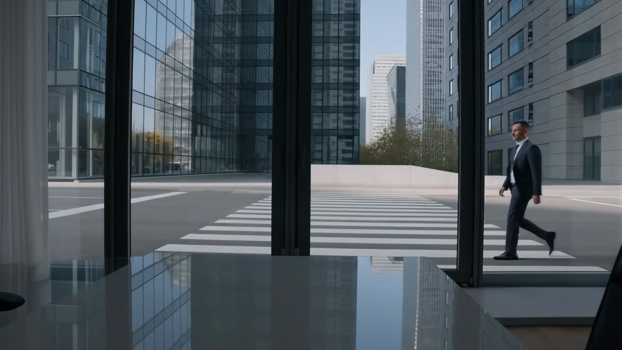 Businessman walking on a crosswalk in a modern city
