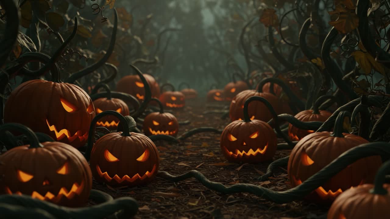 A Spooky Pathway of Jack-O'-Lanterns Illuminated in the Ethereal Glow of Halloween Night, Framed by Twisting Vines and Muted Fog, Creating an Enchanting Atmosphere