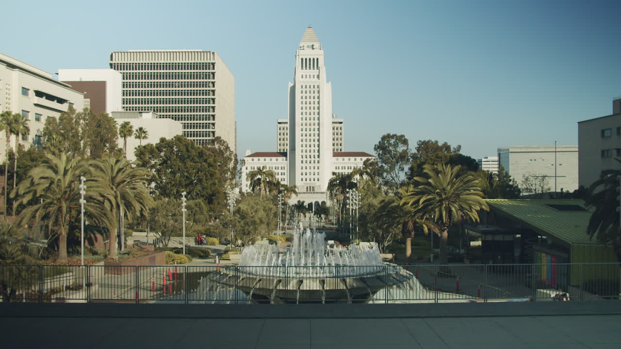 View of Los Angeles City Hall from Grand Park with Fountain
