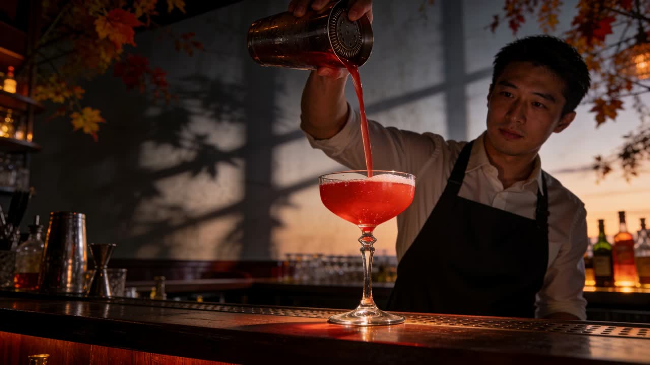 Verticale video: Een barman kantelt een shaker en schenkt een rode drank in een glas, waarbij schuim ontstaat, geschikt voor barservice.