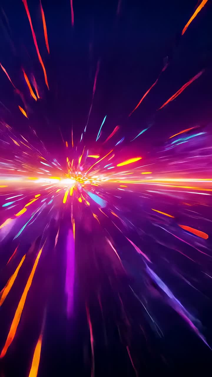 Vertical video: Bright burst launching neon tunnel racing to glowing horizon creating warp illusion