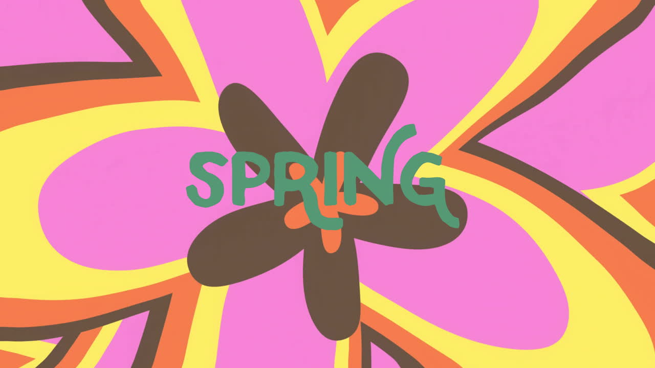 Spring text animation over colorful flower shapes on vibrant background