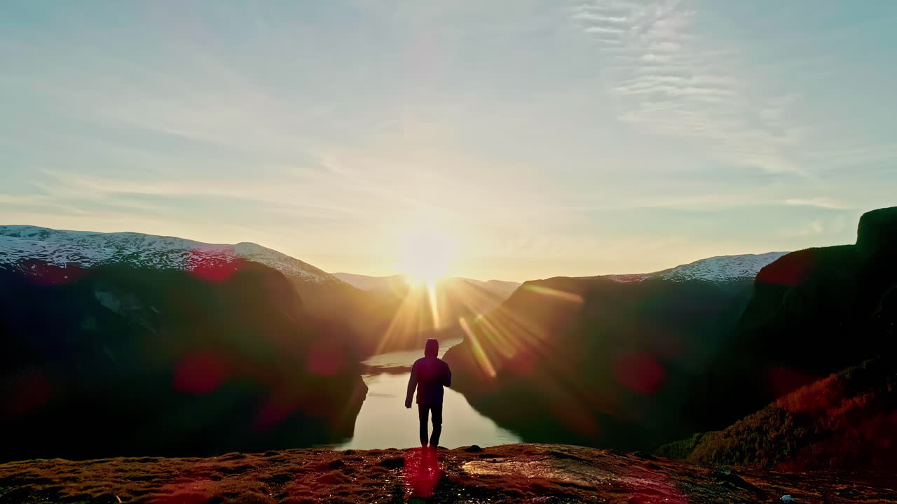 남자가 해가 지는 스카이라인을 향해 걸어가고 산맥 호수 드론이 뒤에서 습니다.