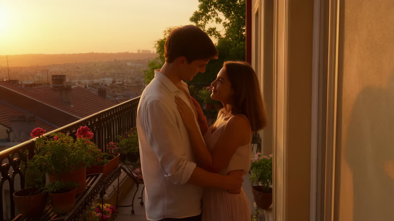 A couple enjoying a romantic sunset on their balcony
