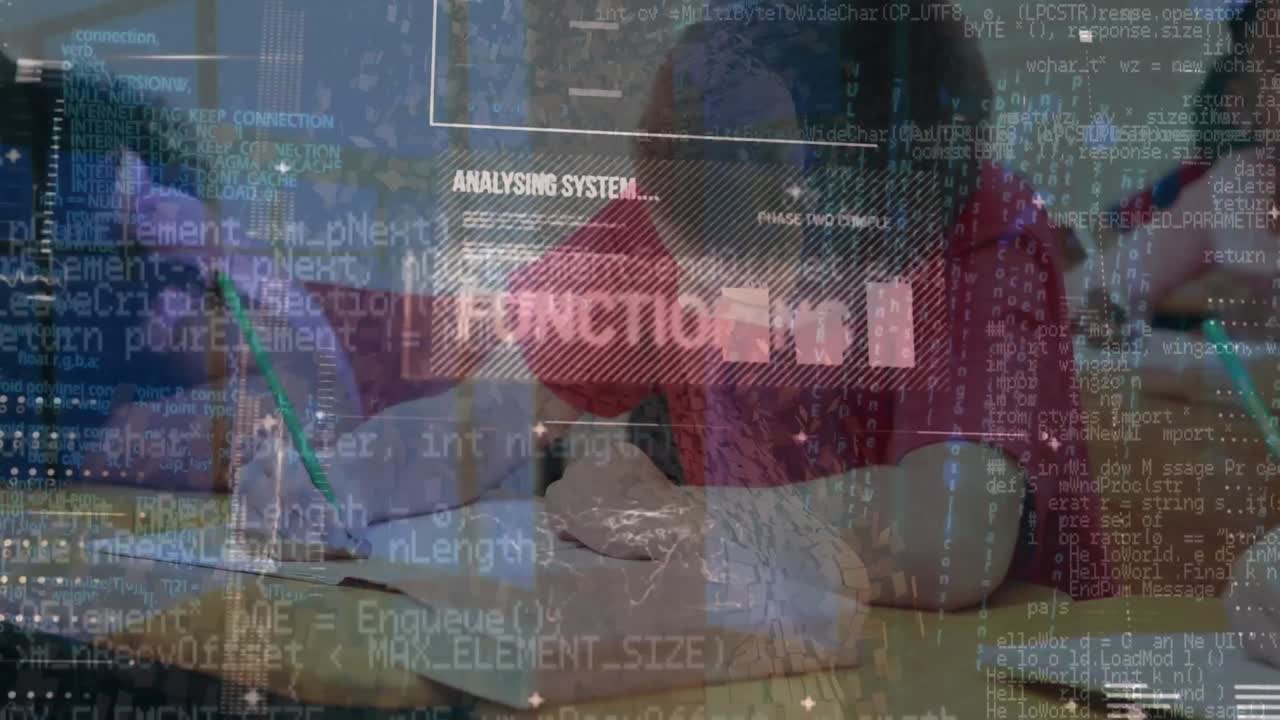 학교에서 수업에서 공부하는 백인 소년에 대한 데이터 처리 인터페이스의 애니메이션