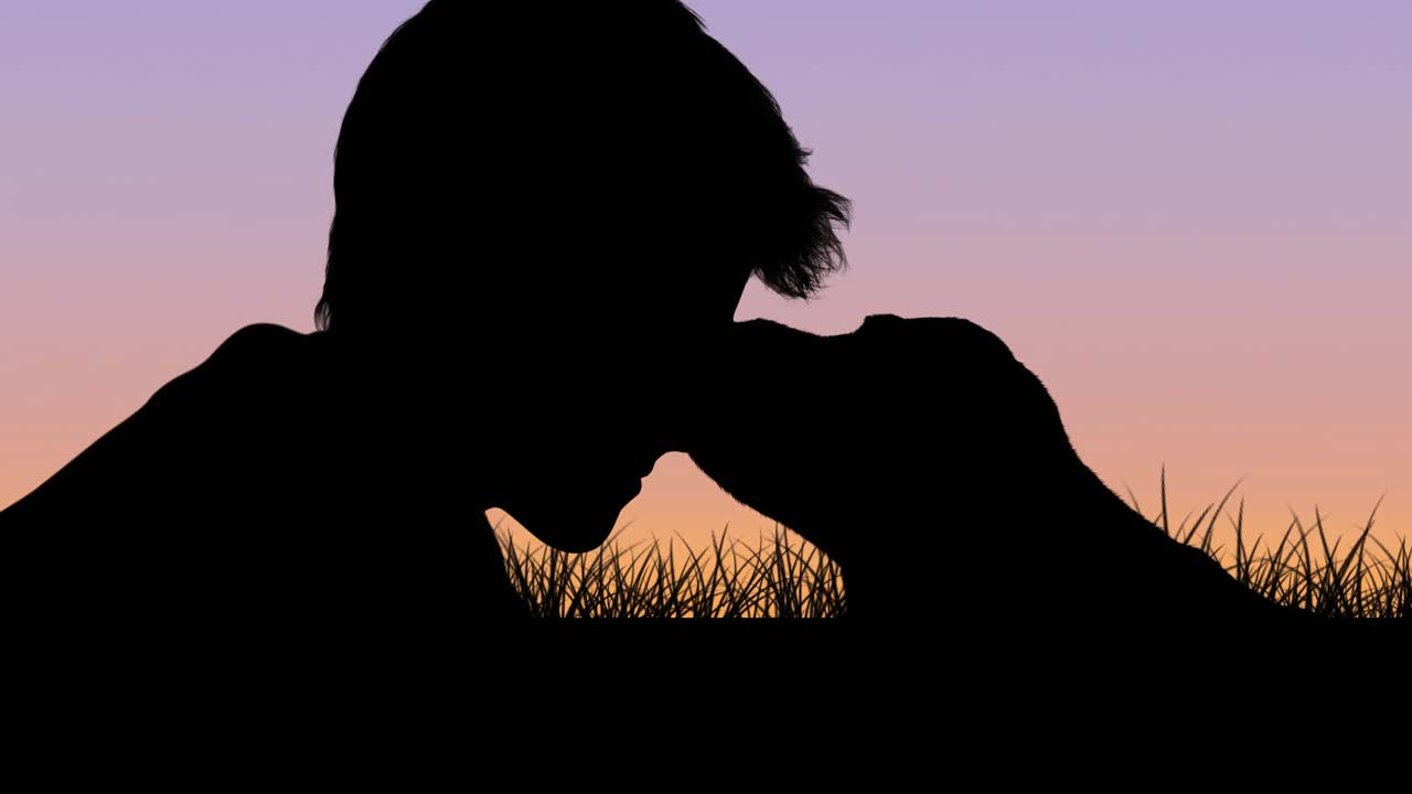 Animation of silhouetted pet dog licking face of male owner over sunset sky