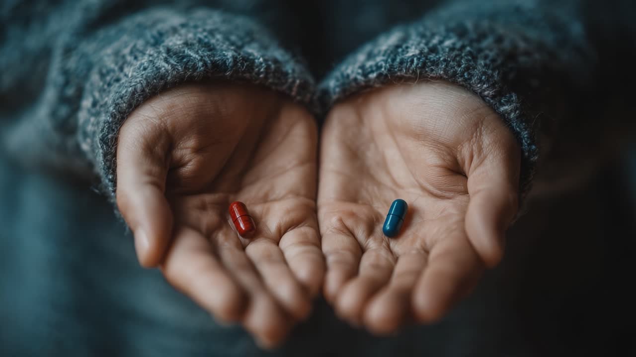 Una scelta che fa riflettere: le pillole rossa e blu che simboleggiano percorsi divergenti nella vita e nel processo decisionale, catturate in un momento di contemplazione