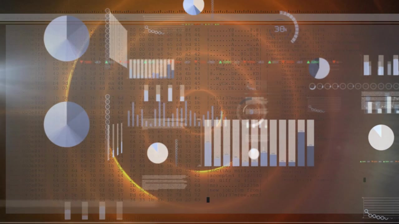 Animation of statistical data processing against orange glowing concentric circles