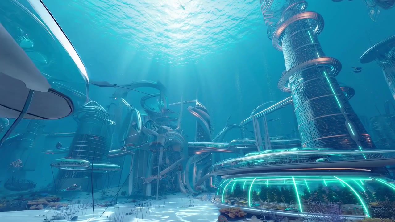 Futuristische Unterwasserstadt mit fortschrittlicher Architektur und Meereslebewesen