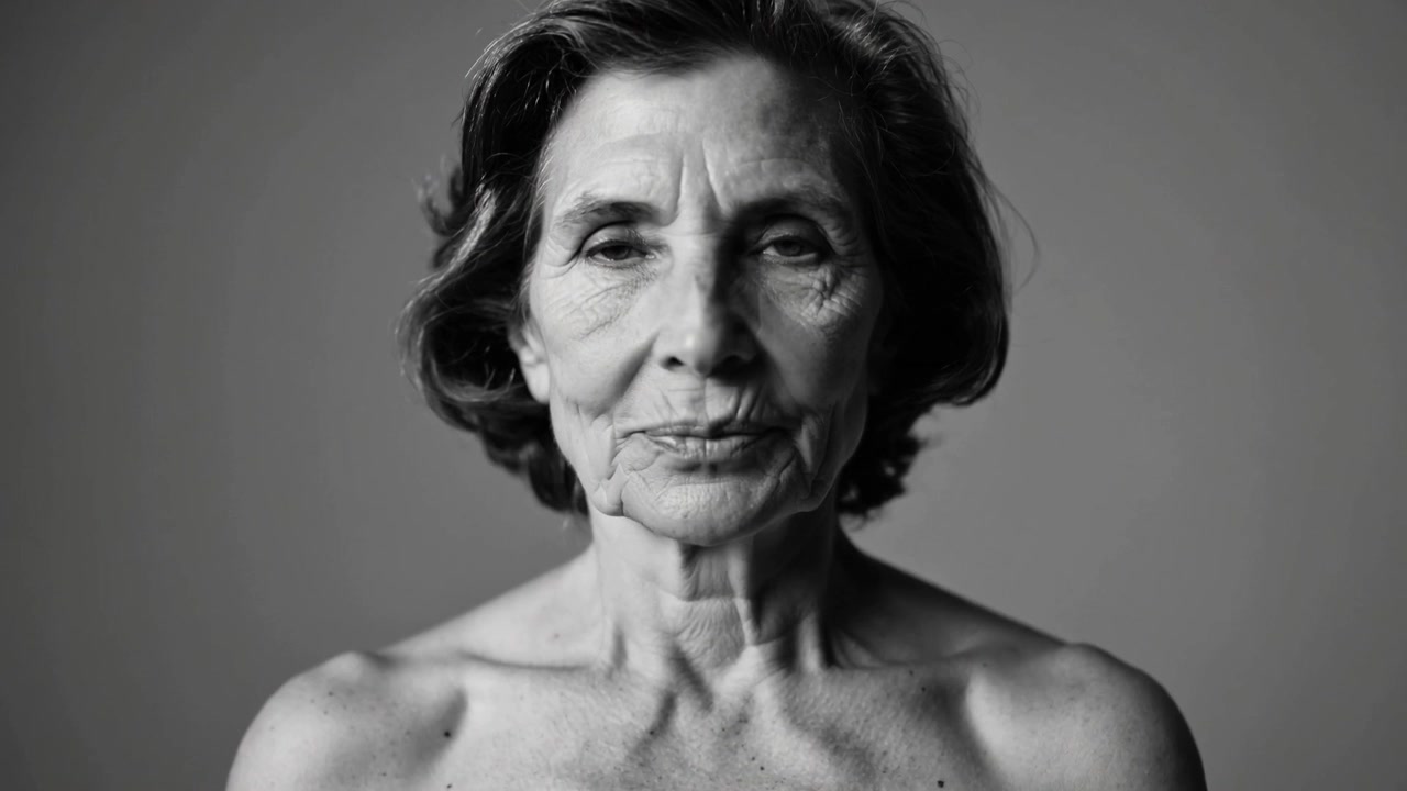 Mulher idosa sentada com ombros descobertos, inclinando a cabeça, sorrindo em estúdio com fundo cinza enquanto a câmera filma.