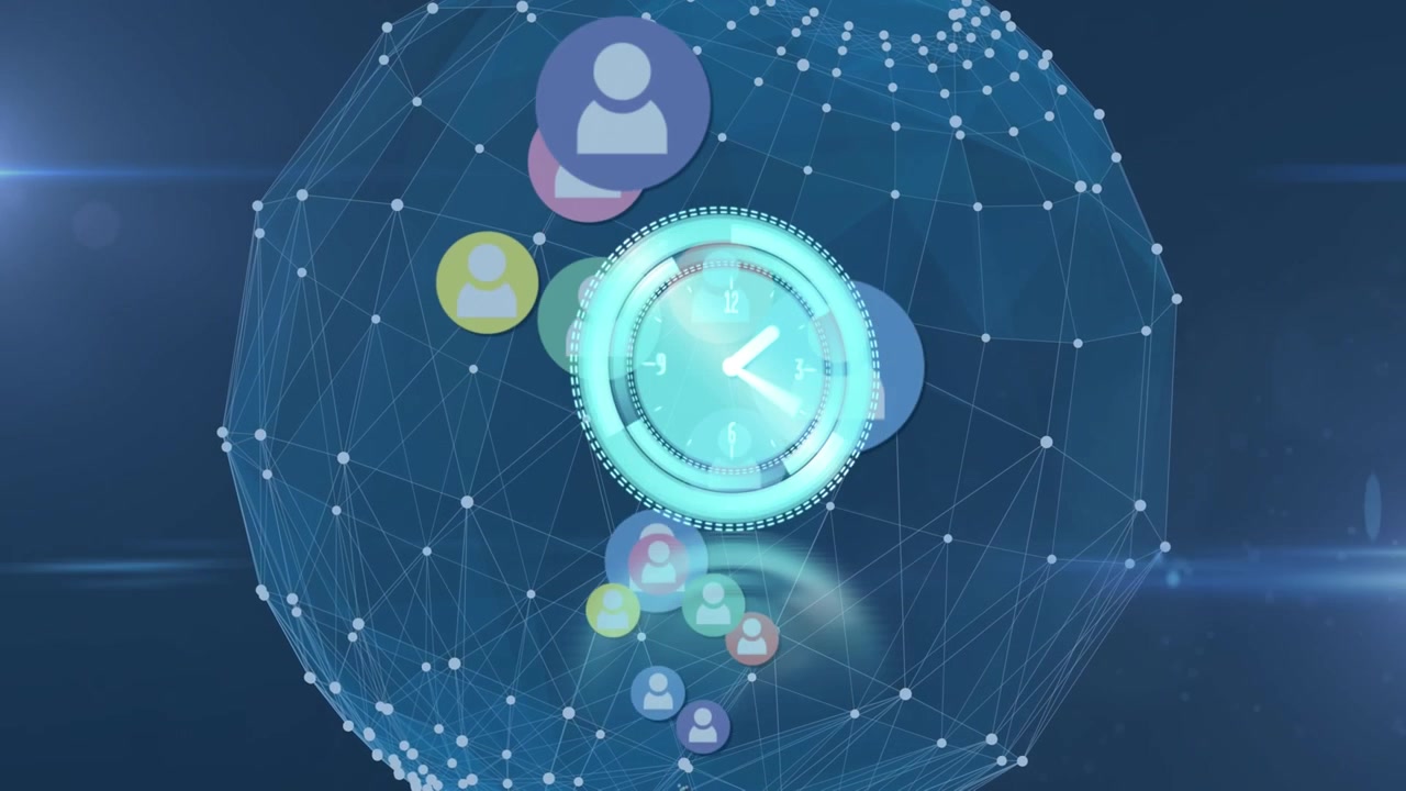 Animation of clock moving over globe, connections and icons on blue background