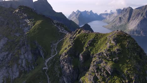 Distant-aerial-view-of-enormous-mountain-trek-in-the-Norweigian-Mountains