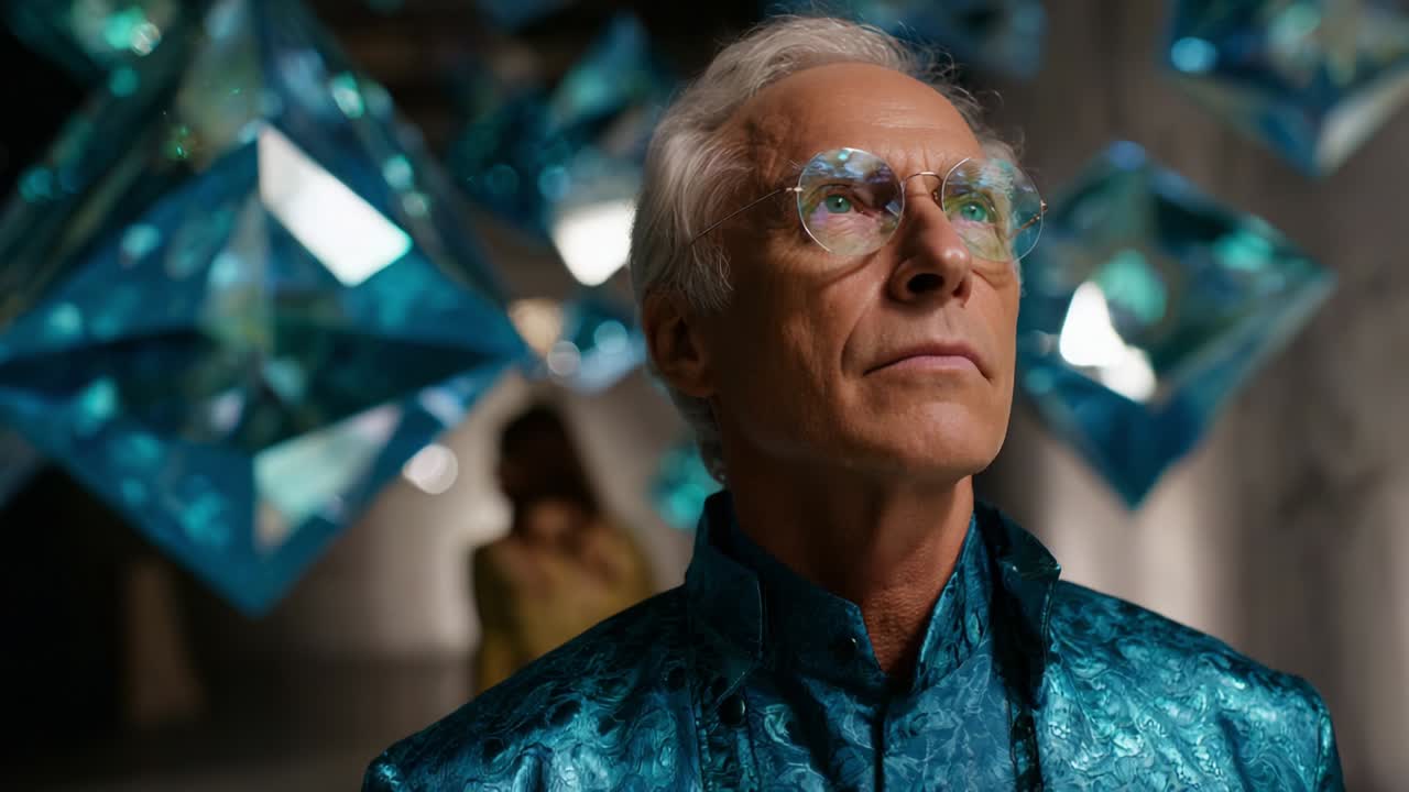 A distinguished figure observes a surreal environment layered with floating, shimmering blue crystals, embodying a fusion of art and technology, set in a captivating ambiance that inspires reflection and intrigue