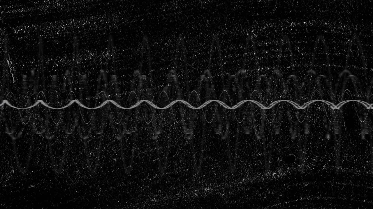 On playback white waveform line waving over speckled backdrop showing amplitude or frequency shifts