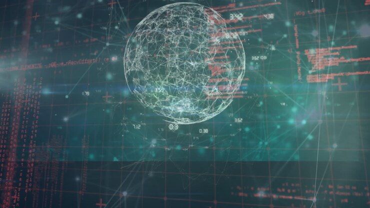 Animation of globe made of connections over clouds