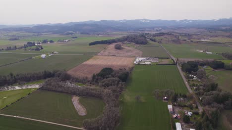 Crop-fields-outlined-by-country-road,-riverine-forested-trees,-and-mountains