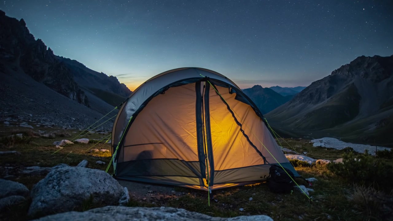 Glødende kuppeltelt beskytter silhuett av camper som hviler på eng med dypere solnedgang, ryggsekk