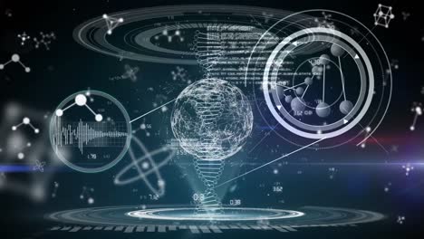 Animation of molecules, scientific data and globe on black background