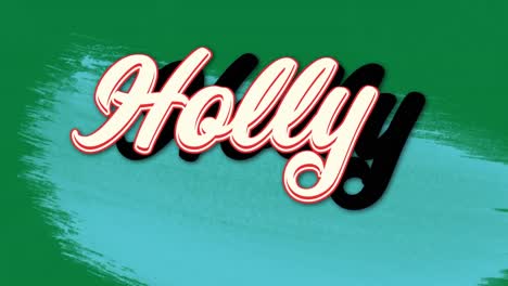 Animation of christmas tree and window over holly text on green background