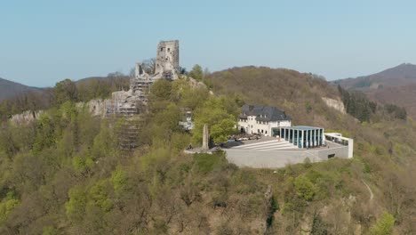 Drone---Aerial-Shot-Of-The-Ruin-Drachenfels-With-The-River-Rhine-Siebengebirge-Near-Bonn---Königswinter-25p