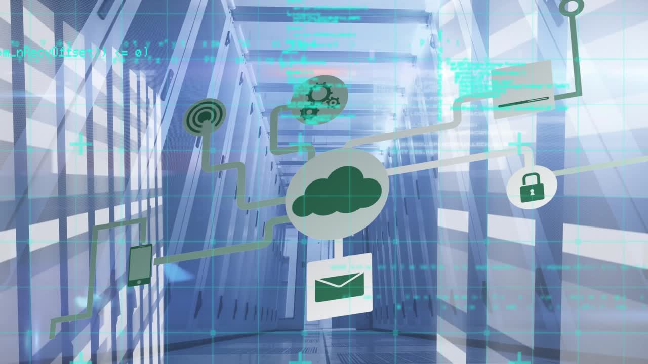 Animation of network of connections with icons and data processing over computer servers