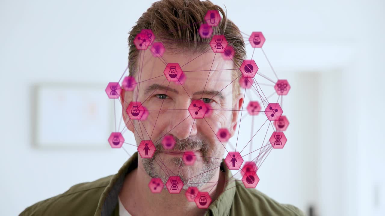 Mature man facing camera, magenta hex network forming to visualize health tech data across face