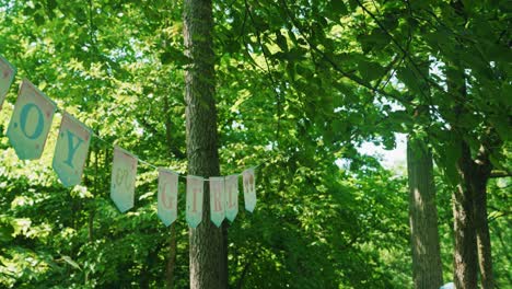 side view of boy or girl letters decorations on a string in forest at gender reveal party outside