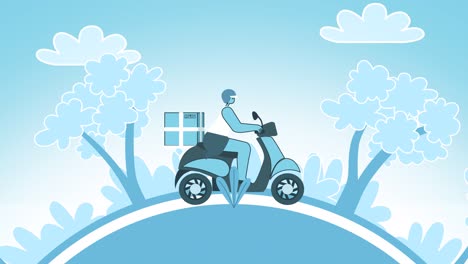 cartoon flat delivery woman rides a motor scooter with cardboard box through nature landscapes. flat design cartoon character loop 2d animation