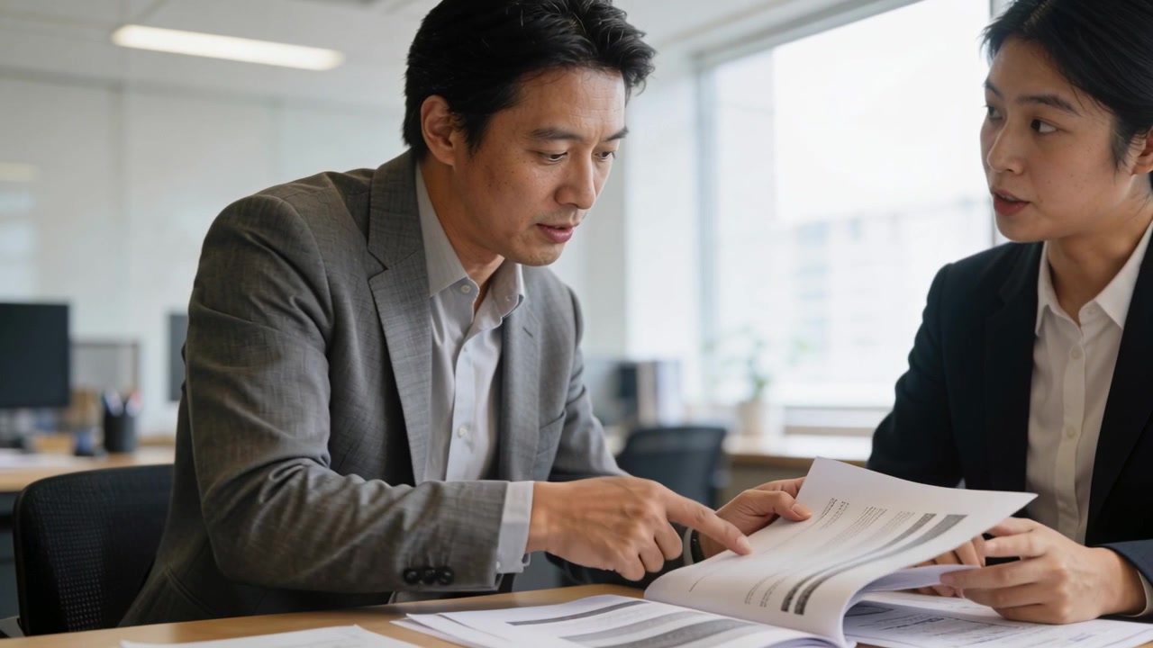 デスクでスーツを着た男性が書類を指差しながらバインダーのページをめくり、スーツを着た女性が聞きながら確認している