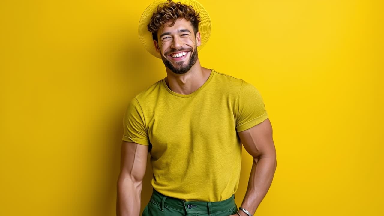 Cheerful man in yellow t-shirt waving hand and smiling against bright yellow studio background