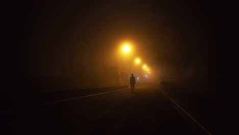 Hombre-En-Una-Sudadera-Con-Capucha-Caminando-Por-Una-Calle-Nublada-Por-La-Noche-Con-Luces-De-Calle-Nebulosas-Que-Apenas-Iluminan-El-Camino