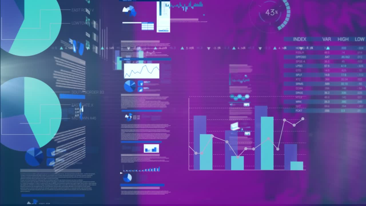 Animation of interface with statistical data processing and light spot against purple background