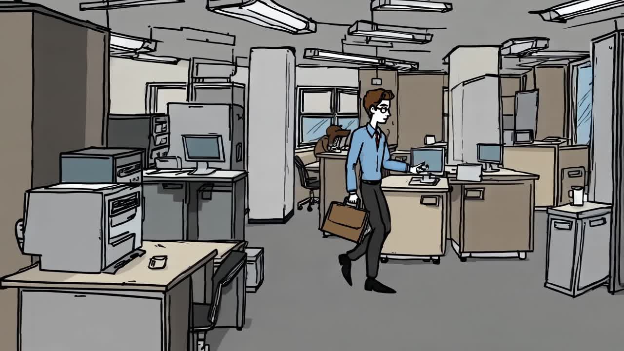 Office worker walking through a contemporary workspace, carrying a briefcase in a graphic novel style illustration featuring computers, desks, and modern office furniture