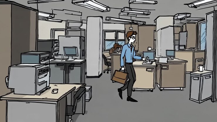 Office worker walking through a contemporary workspace, carrying a briefcase in a graphic novel style illustration featuring computers, desks, and modern office furniture